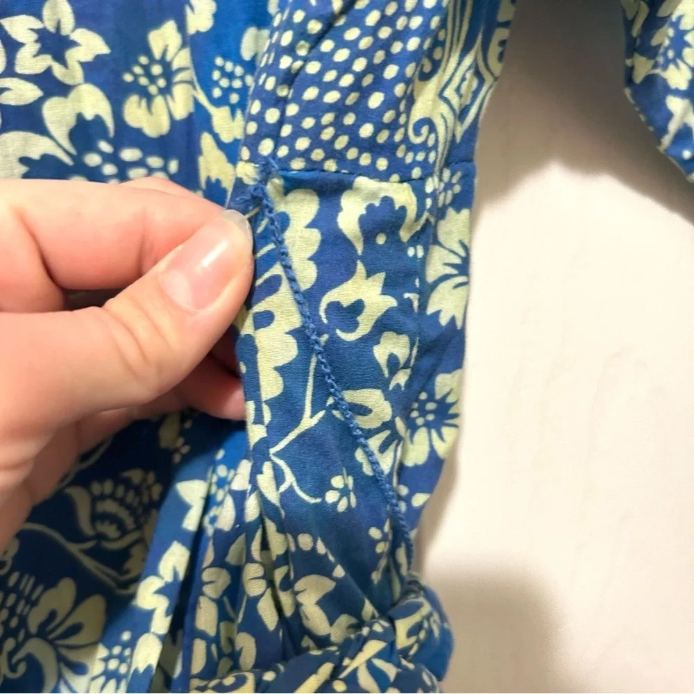 RHODE Floral Print Dress Blue Cream Feminine Ruffle Cotton Beach Vacation Sz Med